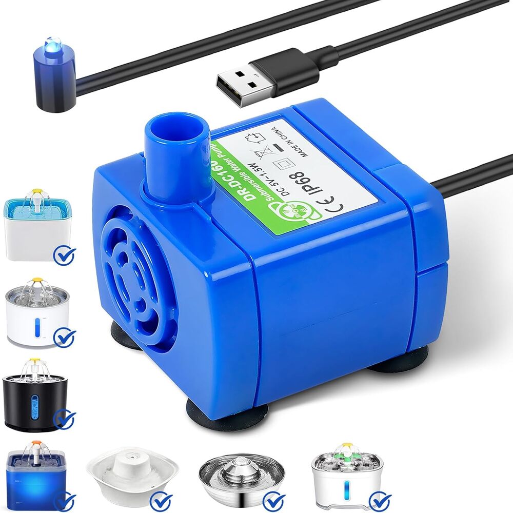 Bomba de Agua Sumergible IP68 para Fuente o Beberedo de Agua para Perros y Gatos Puerto USB-A 5VDC 1.5W Luz LED DR-DC160